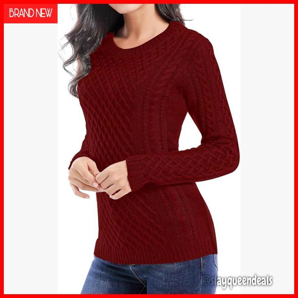 Stretchy Cable Knit Pullover Sweater Long Sleeve Crew Neck